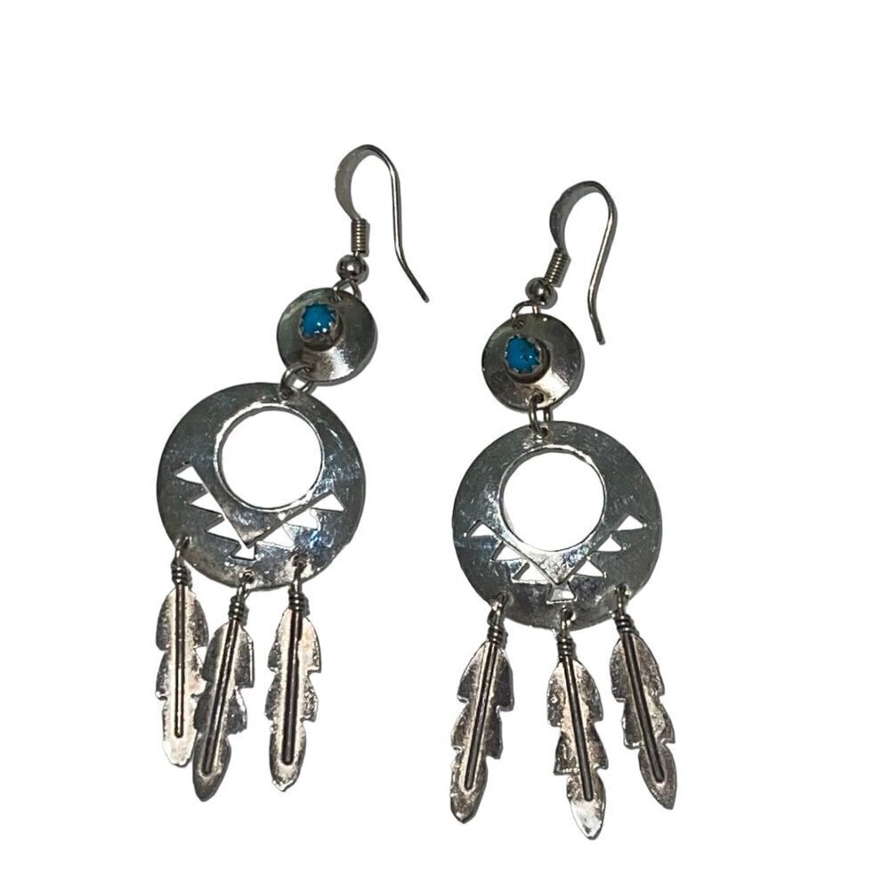 Vintage Womens Dangle Earrings Stamped Turquoise Feather Sterling Silver